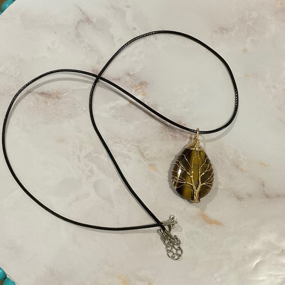 Natural Stone Wrapped Water Drop Brown Tree Pendant Necklace